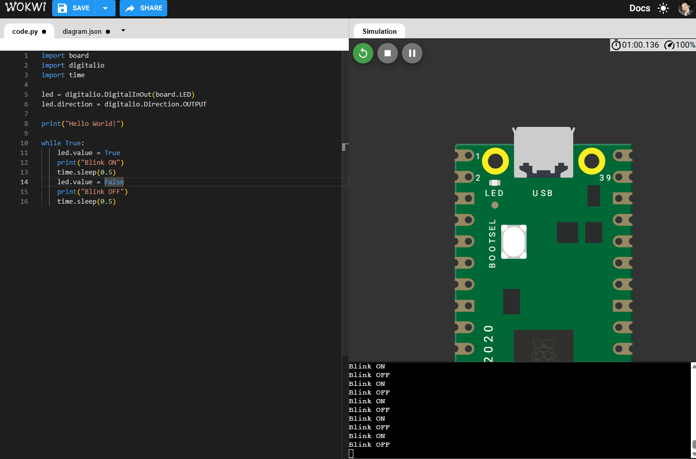 A simple Hello World script used to see if I could get the simulator to respond!